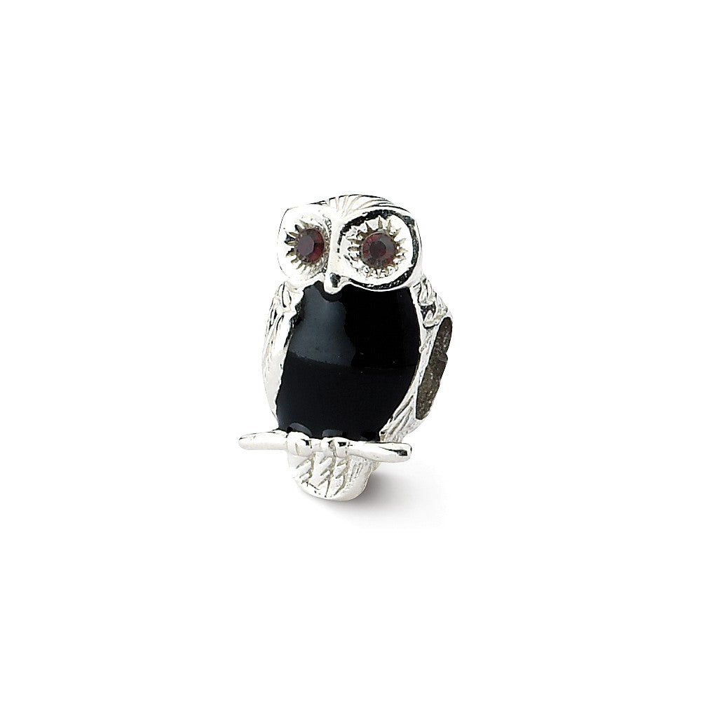 Sterling Silver, CZ and Black Enameled Wise Owl Bead Charm, Item B10607 by The Black Bow Jewelry Co.