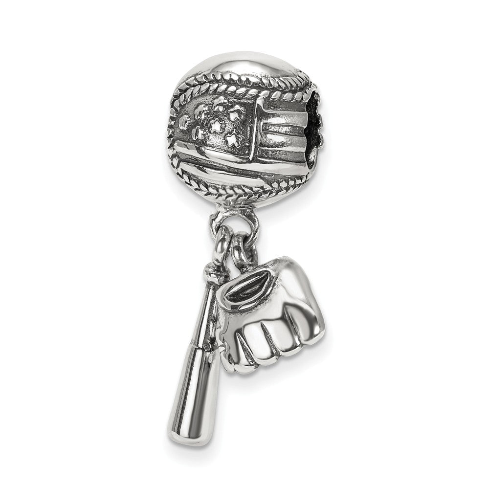 Sterling Silver Baseball, Bat and Glove Dangle Bead Charm, Item B10625 by The Black Bow Jewelry Co.