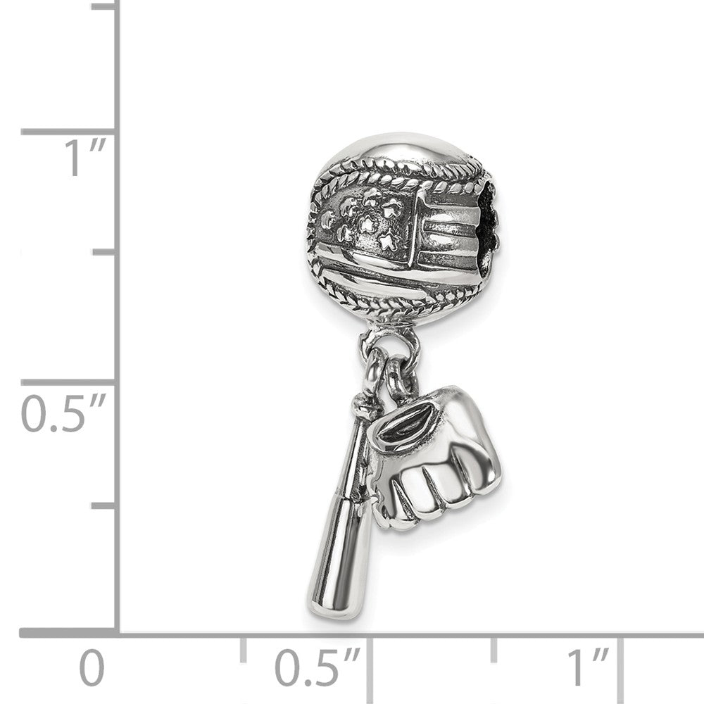 Alternate view of the Sterling Silver Baseball, Bat and Glove Dangle Bead Charm by The Black Bow Jewelry Co.
