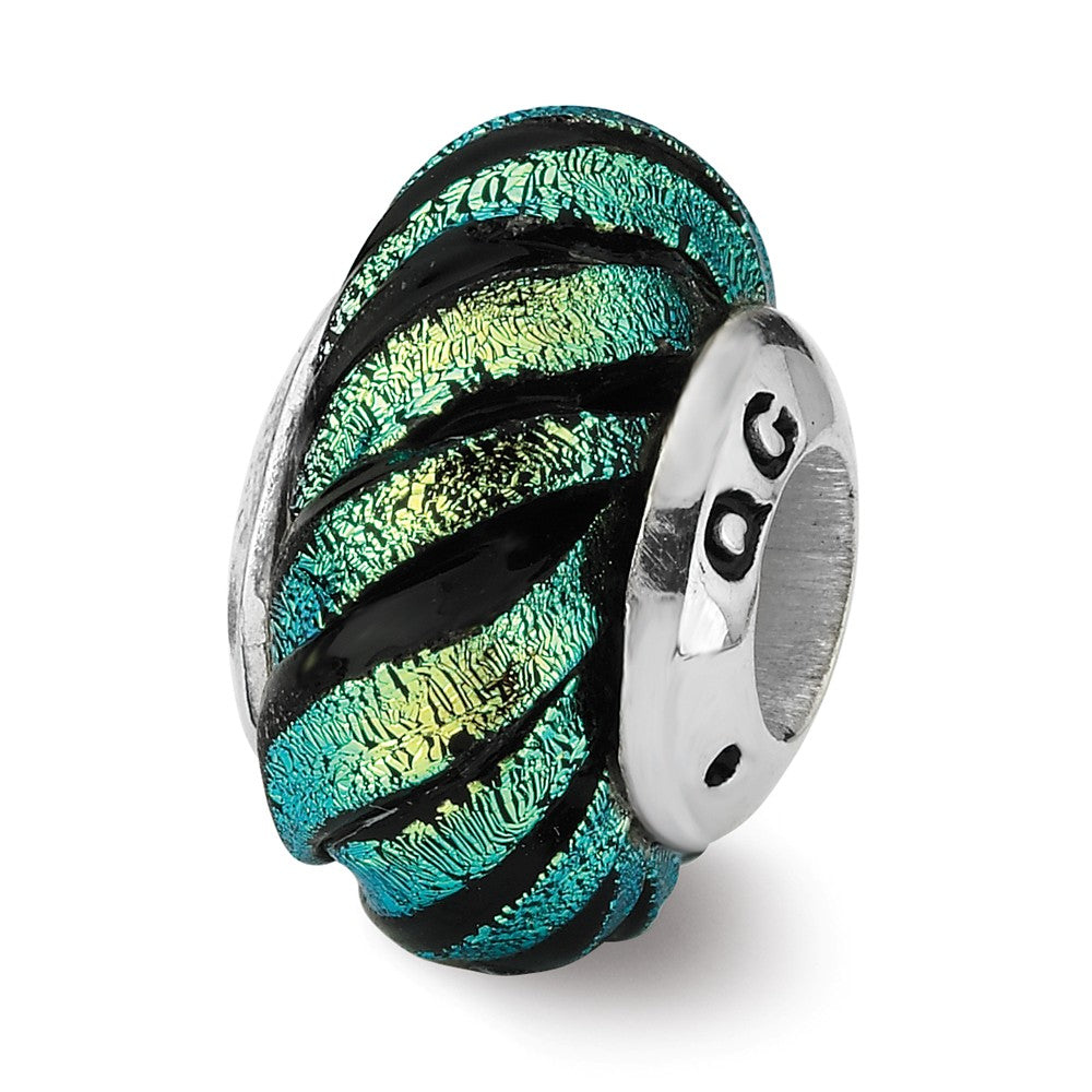 Dichroic Glass &amp; Sterling Silver Green Swirl Bead Charm, 15mm, Item B10680 by The Black Bow Jewelry Co.