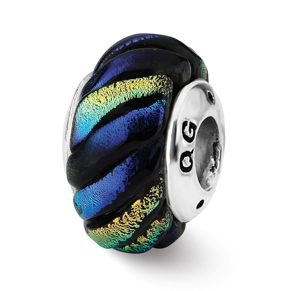 Dichroic Glass &amp; Sterling Silver Rainbow Swirl Bead Charm, 15mm, Item B10683 by The Black Bow Jewelry Co.