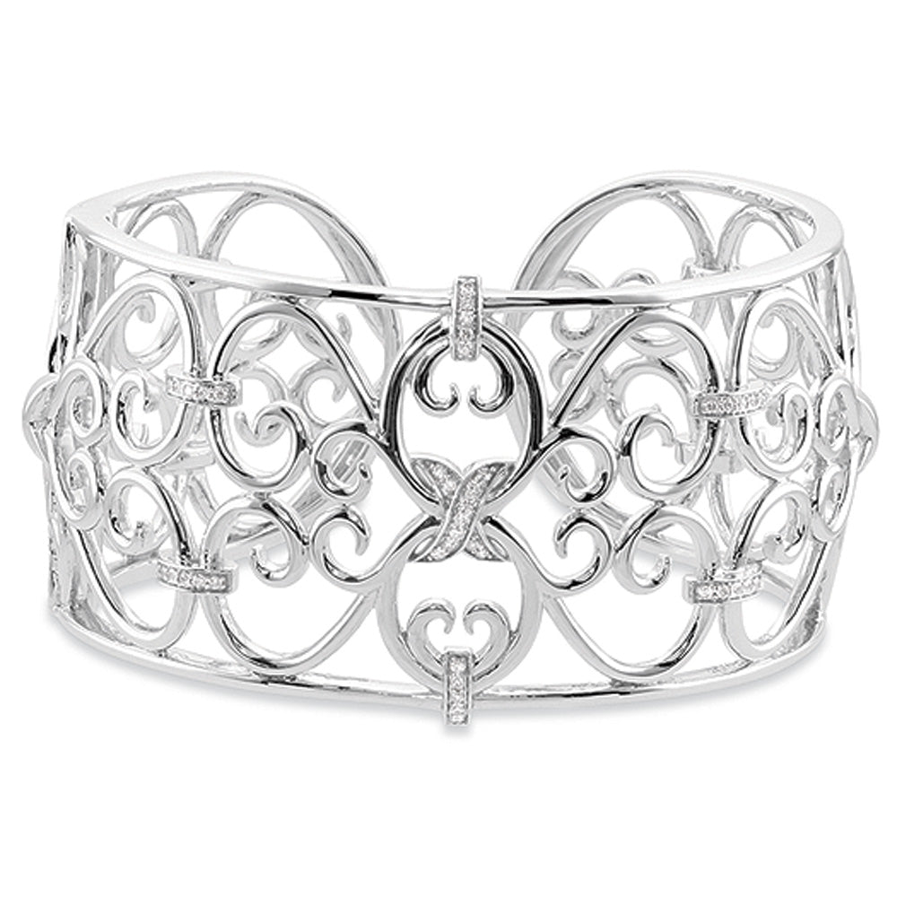 Sterling Silver Diamond Heart Scroll Cuff Bracelet, Item B10850 by The Black Bow Jewelry Co.