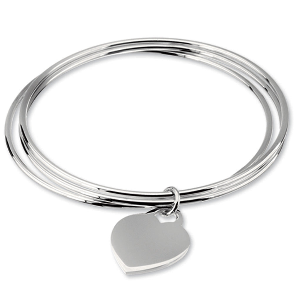 Sterling Silver Triple Bangle with Heart Charm Bracelet, 8 Inch, Item B10858 by The Black Bow Jewelry Co.