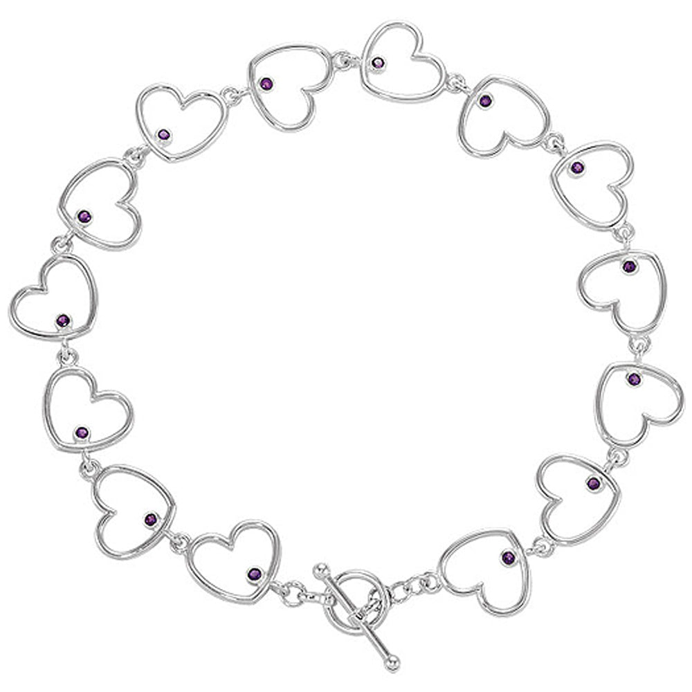 Amethyst Heart Link Toggle Bracelet in Sterling Silver, 8 Inch