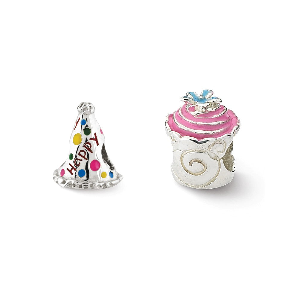 Sterling Silver &amp; Enamel Happy Birthday Bead Charm Set of 2, Item B11939 by The Black Bow Jewelry Co.