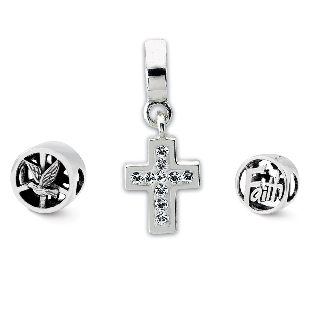 Sterling Silver &amp; Crystal Religious Faith Bead Charm Set of 3, Item B11953 by The Black Bow Jewelry Co.