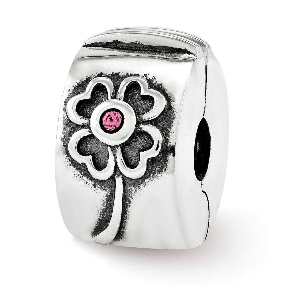 Sterling Silver with Pink Crystals Hinged Flower Clip Bead Charm, Item B11962 by The Black Bow Jewelry Co.