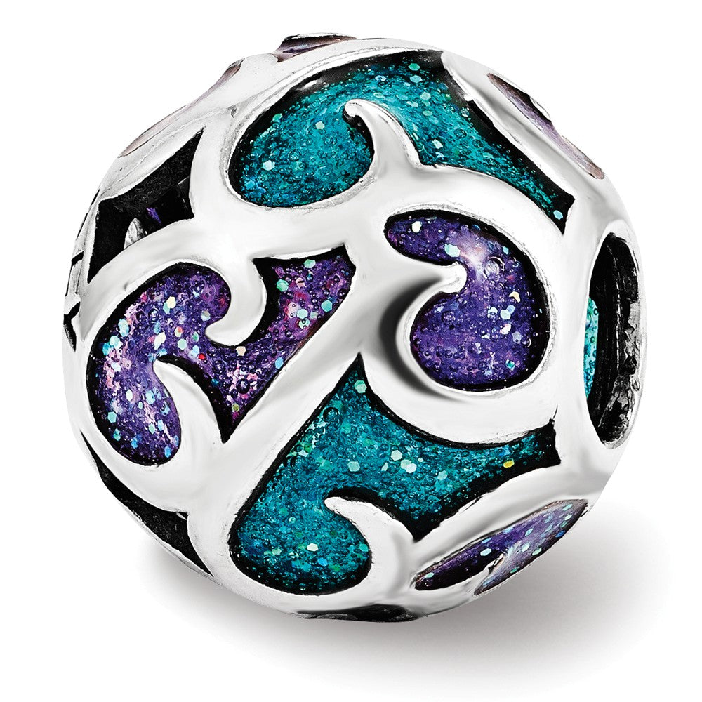 Sterling Silver Purple &amp; Blue Filigree Glitter Enameled Bead Charm, Item B12032 by The Black Bow Jewelry Co.