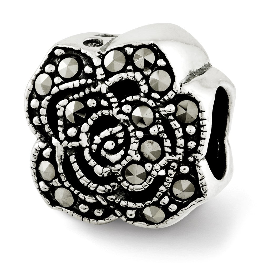 Sterling Silver &amp; Marcasite Antiqued Flower Bead Charm, Item B12077 by The Black Bow Jewelry Co.