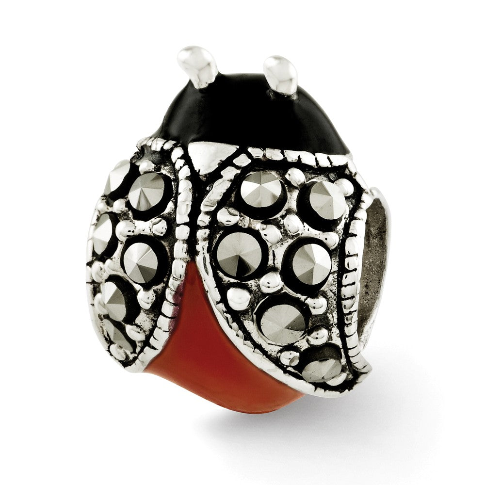 Sterling Silver, Enamel and Marcasite Ladybug Bead Charm, Item B12099 by The Black Bow Jewelry Co.