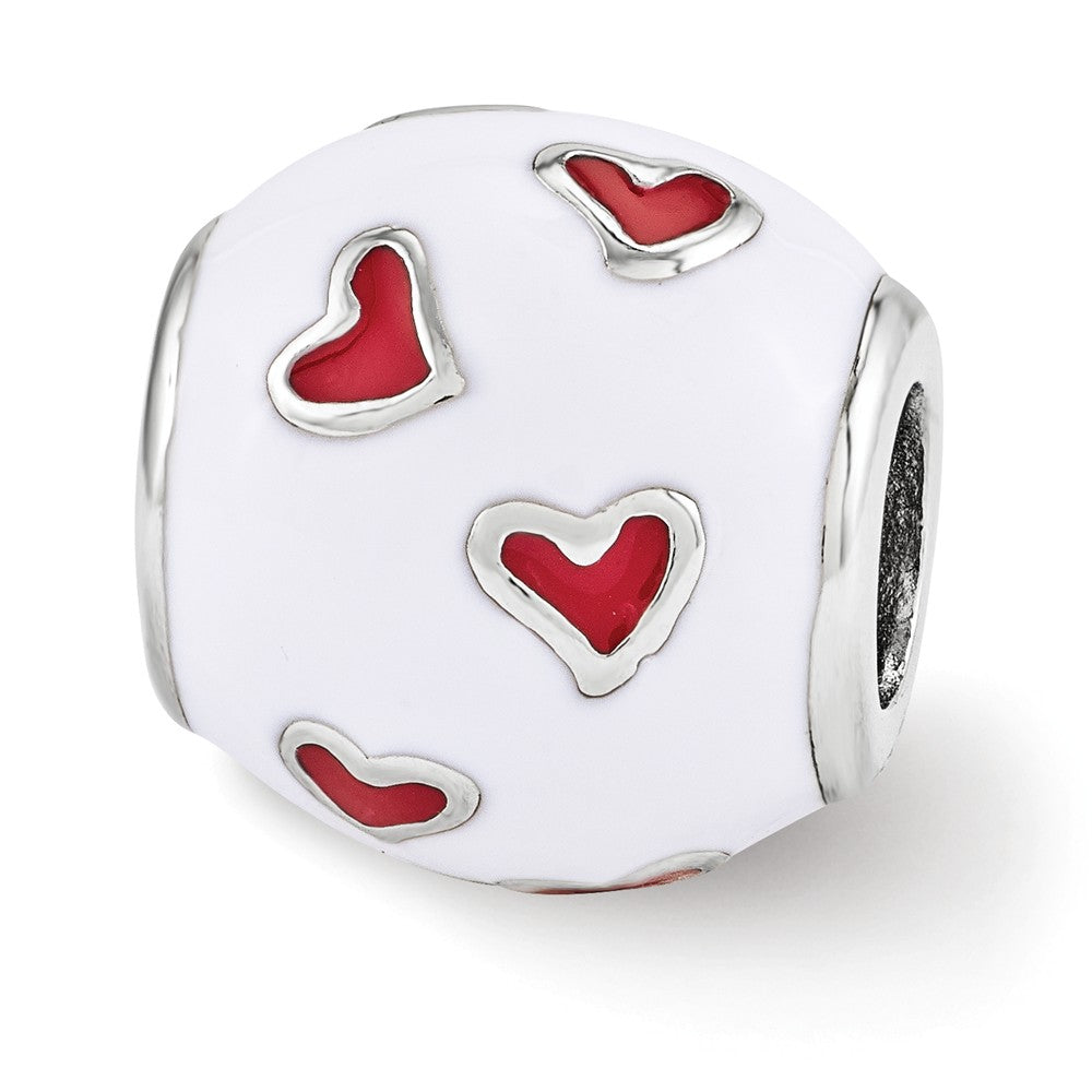Sterling Silver, White &amp; Red Enamel Heart Barrel Bead Charm, Item B12114 by The Black Bow Jewelry Co.