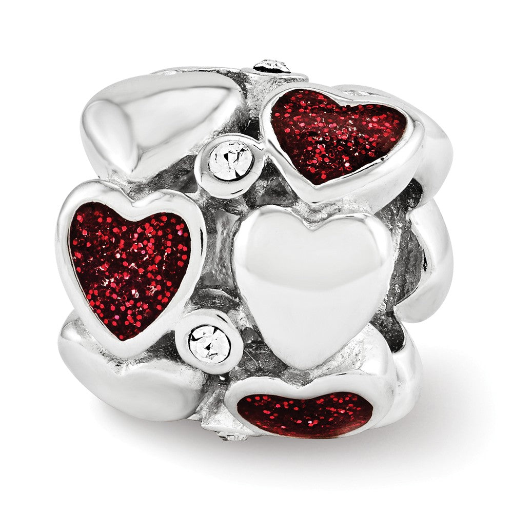 Sterling Silver, Red Glitter Enamel &amp; Crystal Dbl Row Heart Bead Charm, Item B12127 by The Black Bow Jewelry Co.