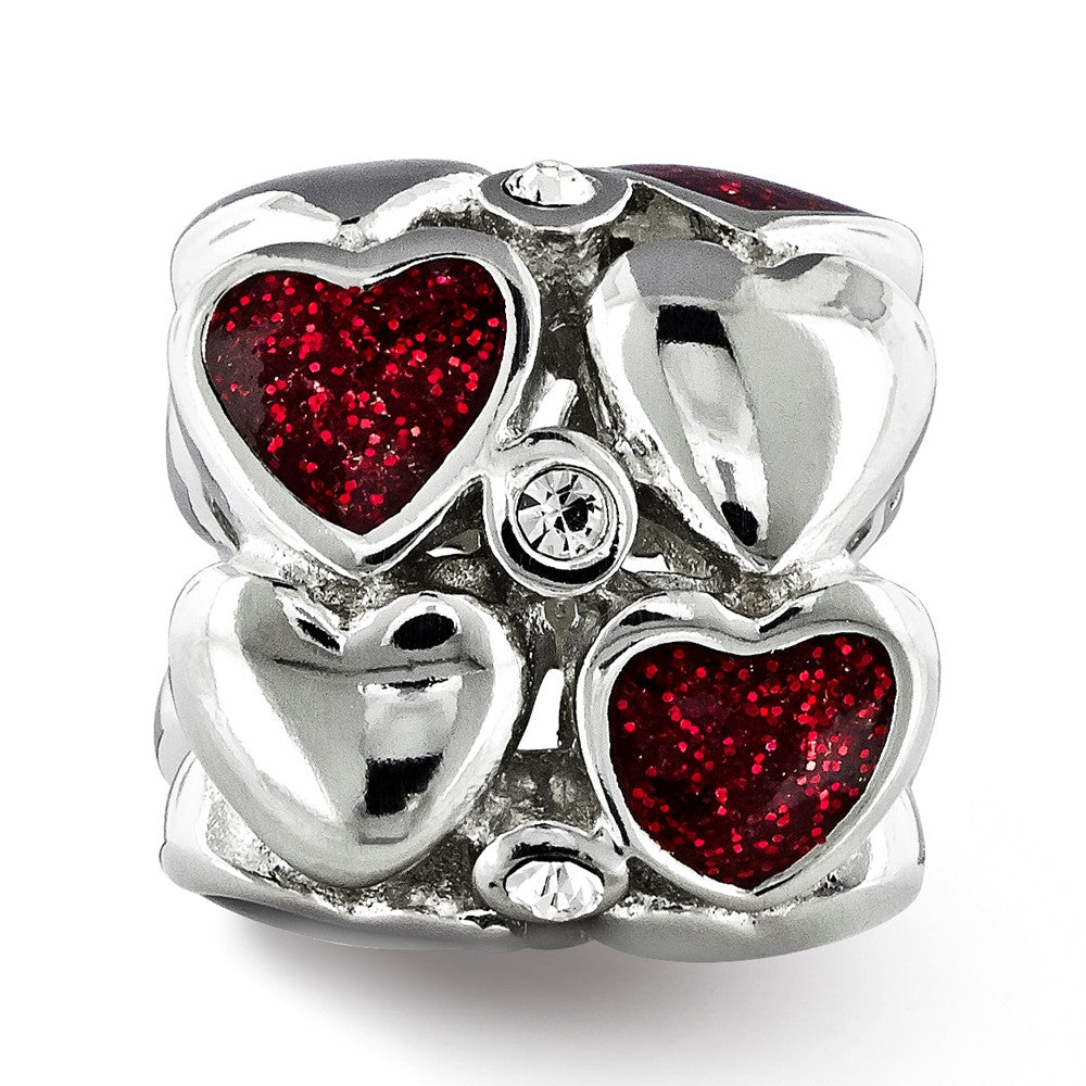 Alternate view of the Sterling Silver, Red Glitter Enamel &amp; Crystal Dbl Row Heart Bead Charm by The Black Bow Jewelry Co.