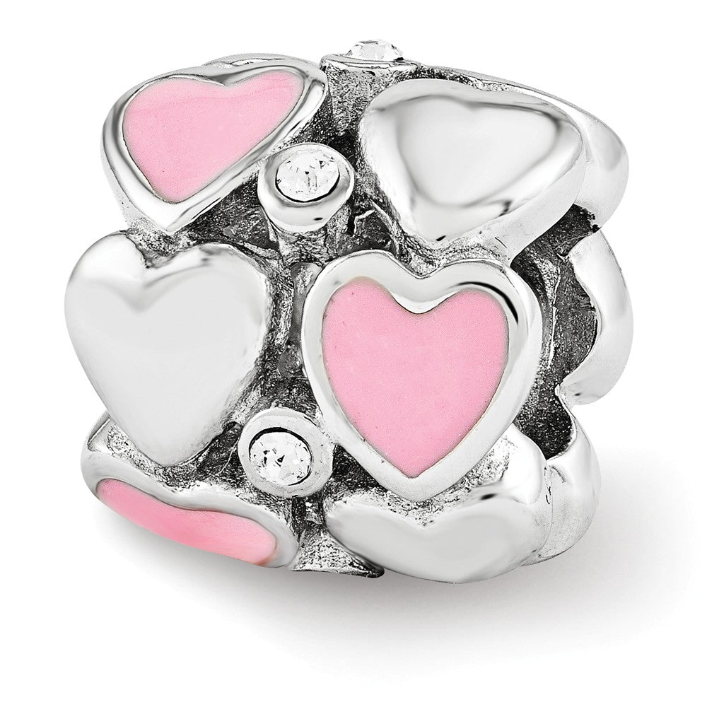 Sterling Silver, Pink Enamel &amp; Crystal Double Row Heart Bead Charm, Item B12128 by The Black Bow Jewelry Co.