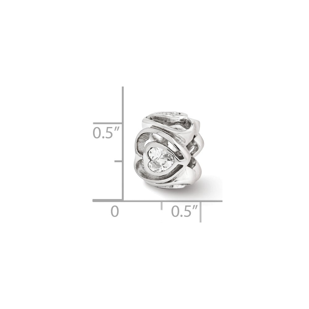 Alternate view of the Sterling Silver Clear Cubic Zirconia Four Sided Dbl Heart Bead Charm by The Black Bow Jewelry Co.