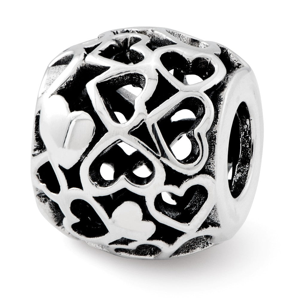Bali Solid &amp; Open Hearts Bead Charm in Antiqued Sterling Silver, 10mm, Item B12151 by The Black Bow Jewelry Co.