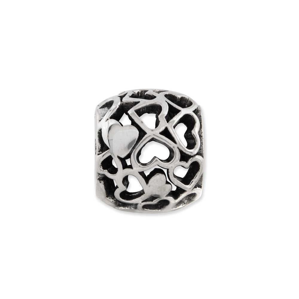 Alternate view of the Bali Solid &amp; Open Hearts Bead Charm in Antiqued Sterling Silver, 10mm by The Black Bow Jewelry Co.