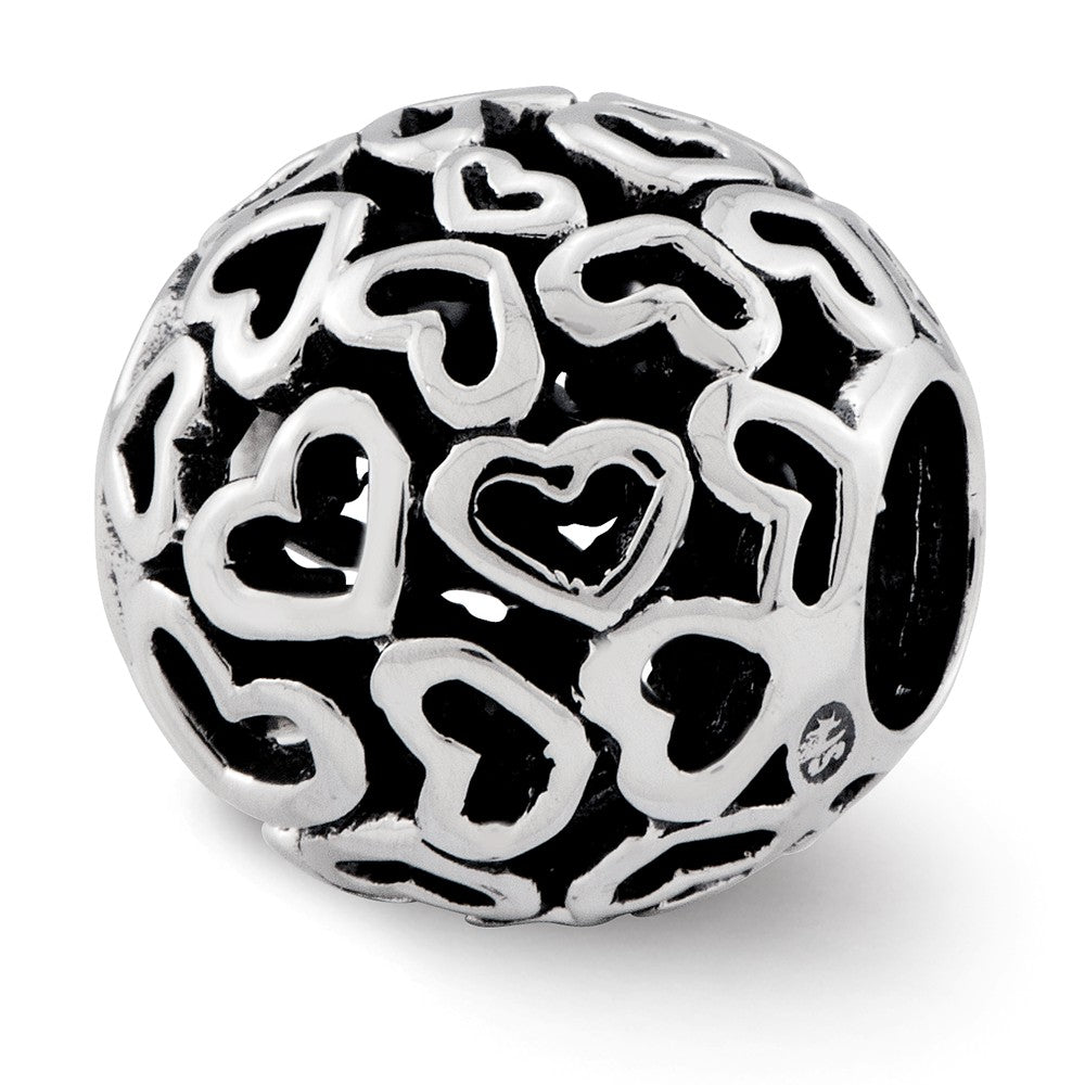 Bali Open Hearts Bead Charm in Antiqued Sterling Silver, Item B12152 by The Black Bow Jewelry Co.