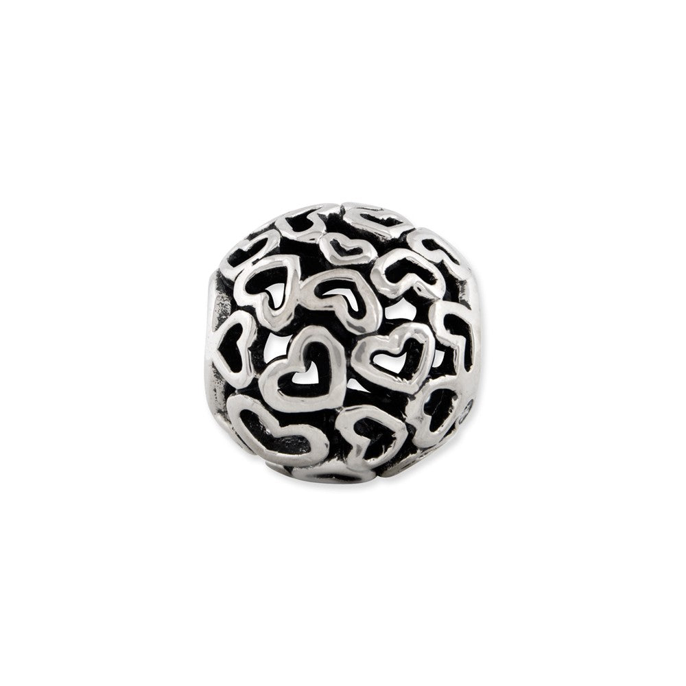 Alternate view of the Bali Open Hearts Bead Charm in Antiqued Sterling Silver by The Black Bow Jewelry Co.
