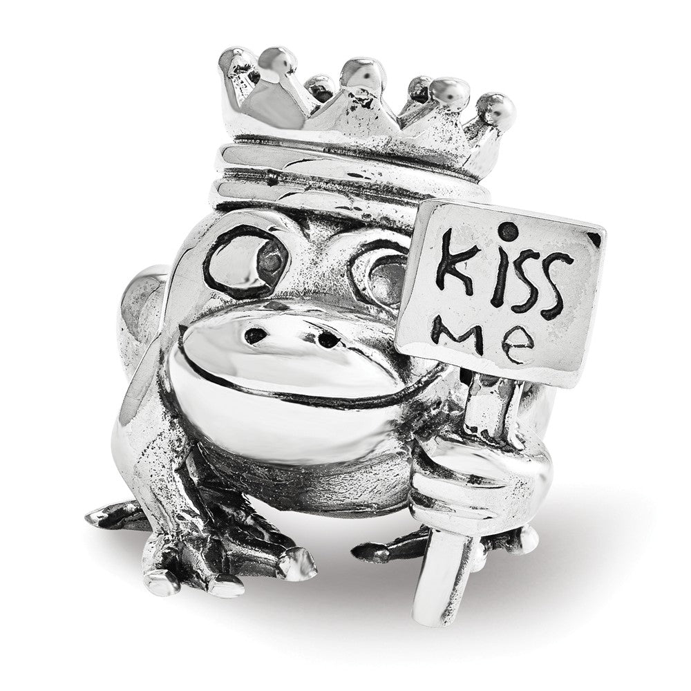 Kiss Me Frog Prince Bead Charm in Antiqued Sterling Silver, Item B12163 by The Black Bow Jewelry Co.