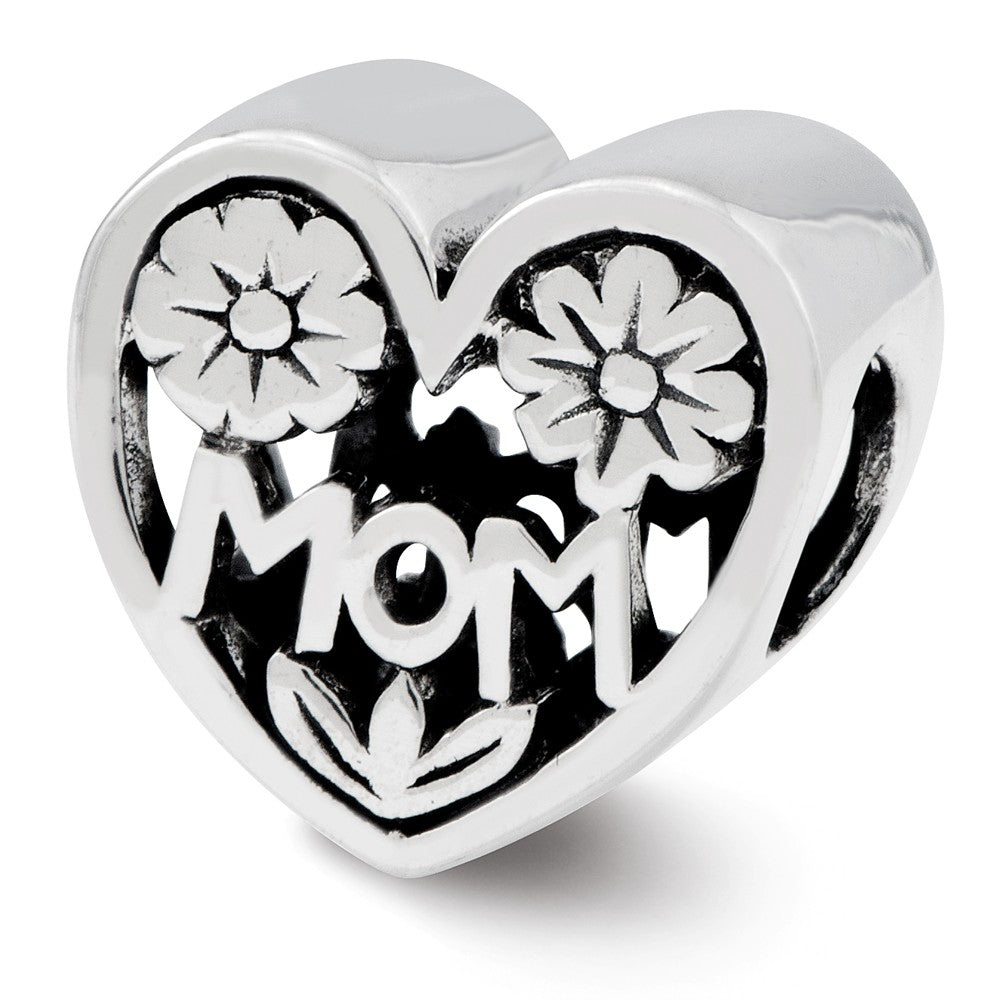 Sterling Silver Floral MOM Heart Bead Charm, Item B12178 by The Black Bow Jewelry Co.