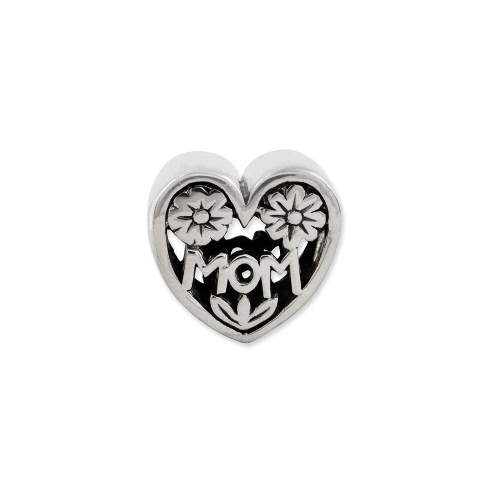 Alternate view of the Sterling Silver Floral MOM Heart Bead Charm by The Black Bow Jewelry Co.