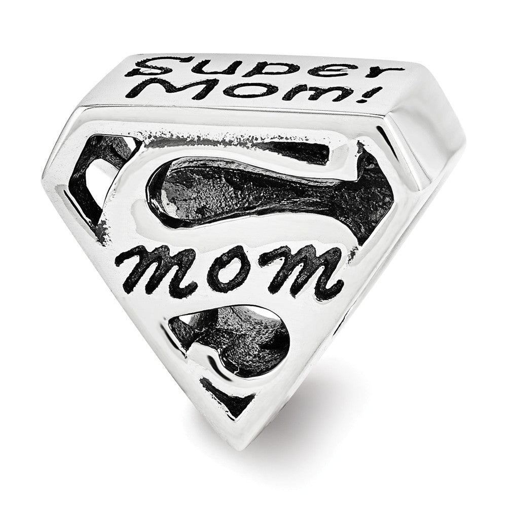 Sterling Silver Super Mom Shield Bead Charm, Item B12187 by The Black Bow Jewelry Co.