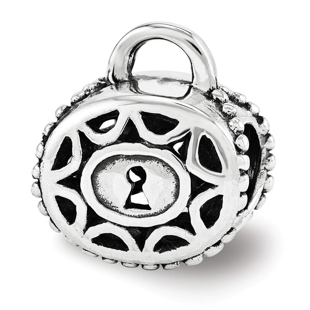 Filigree Padlock Bead Charm in Antiqued Sterling Silver, Item B12203 by The Black Bow Jewelry Co.