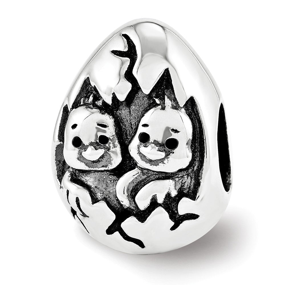 Happy Easter Hatching Chicks Bead Charm in Antiqued Sterling Silver, Item B12215 by The Black Bow Jewelry Co.