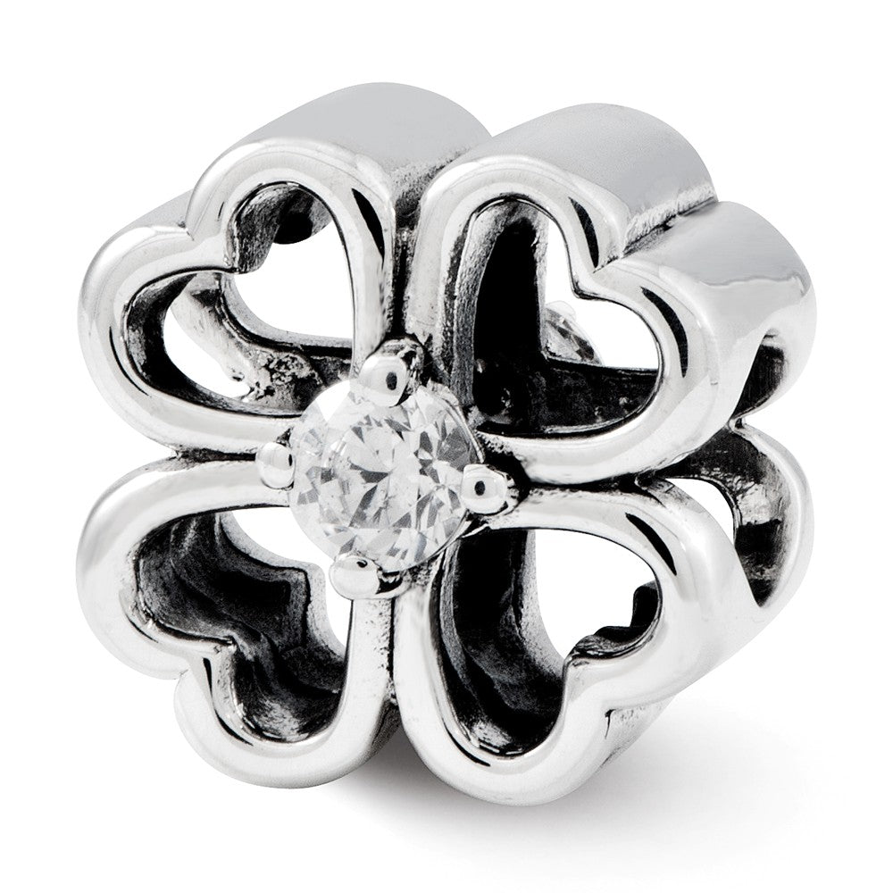 Four Leaf Heart Clover Cubic Zirconia and Sterling Silver Bead Charm, Item B12232 by The Black Bow Jewelry Co.