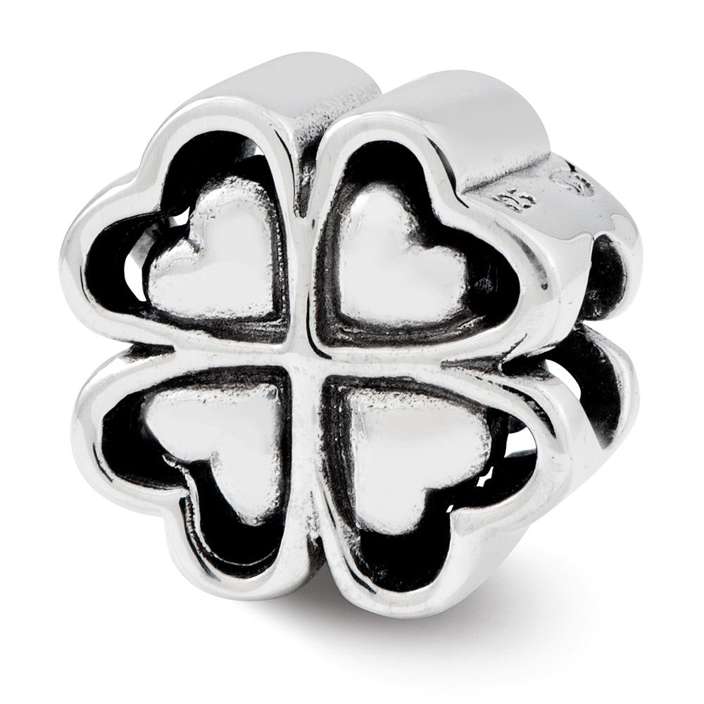 Four Leaf Heart Clover Bead Charm in Antiqued Sterling Silver, Item B12233 by The Black Bow Jewelry Co.