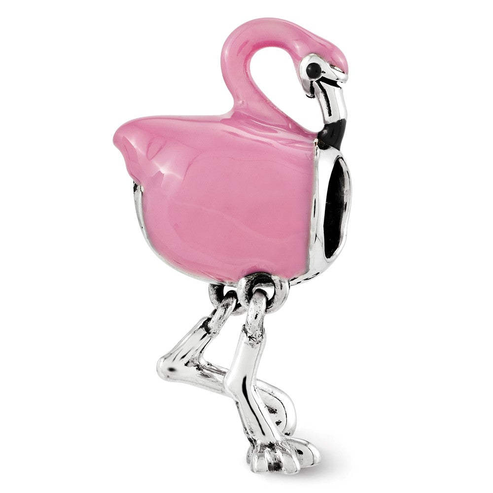 Sterling Silver Pink Enamel Flamingo Dangle Bead Charm, Item B12282 by The Black Bow Jewelry Co.