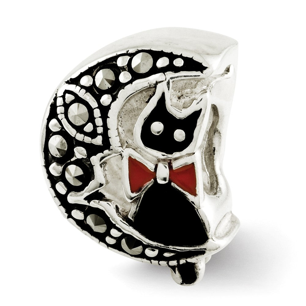 Sterling Silver Enamel &amp; Marcasite Cat &amp; Moon Double Sided Bead Charm, Item B12298 by The Black Bow Jewelry Co.