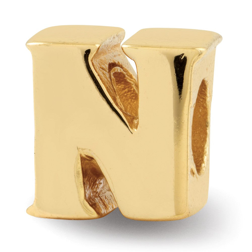 Letter N Bead Charm in 14k Yellow Gold Plated Sterling Silver, Item B12326 by The Black Bow Jewelry Co.