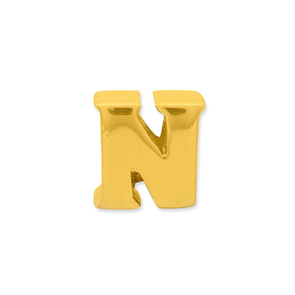 Alternate view of the Letter N Bead Charm in 14k Yellow Gold Plated Sterling Silver by The Black Bow Jewelry Co.