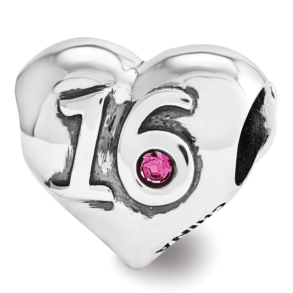 Alternate view of the Sterling Silver &amp; Pink Crystal Sweet 16 Double Sided Heart Bead Charm by The Black Bow Jewelry Co.