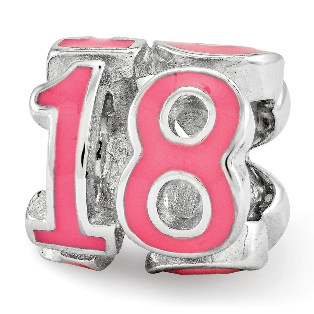 Sterling Silver Pink Enameled Number 18 3-Sided Bead Charm, Item B12342 by The Black Bow Jewelry Co.