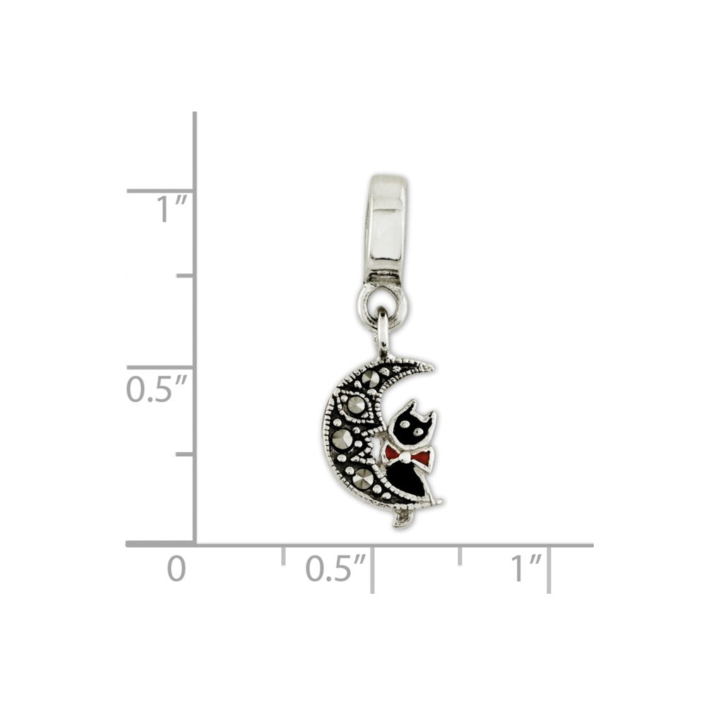 Alternate view of the Sterling Silver, Enameled Cat &amp; Marcasite Moon Dangle Bead Charm by The Black Bow Jewelry Co.