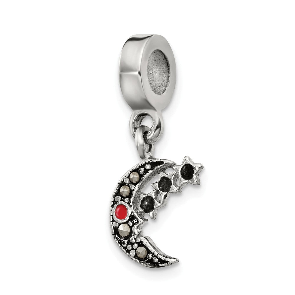 Sterling Silver Marcasite Moon &amp; Black Crystal Stars Dangle Bead Charm, Item B12388 by The Black Bow Jewelry Co.