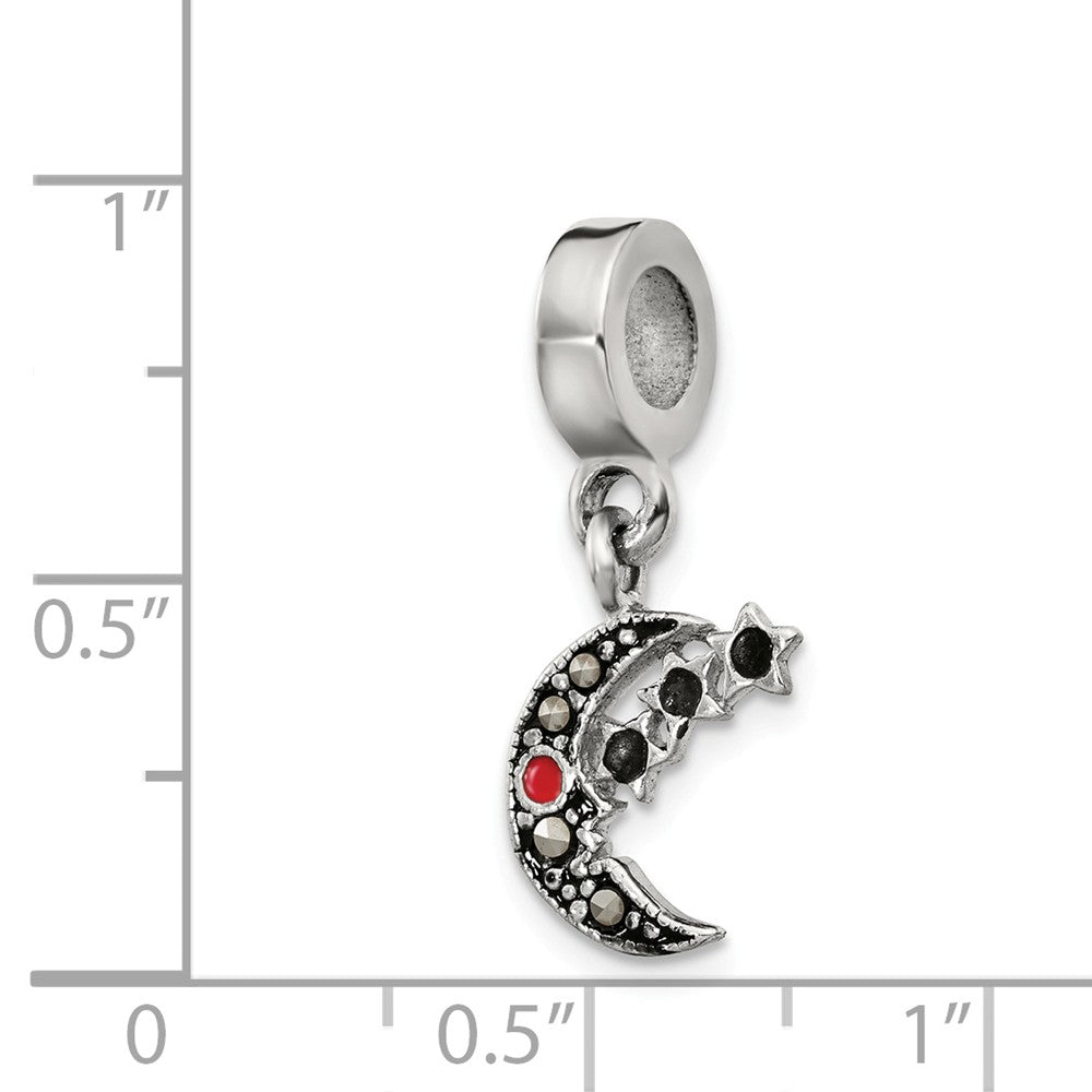 Alternate view of the Sterling Silver Marcasite Moon &amp; Black Crystal Stars Dangle Bead Charm by The Black Bow Jewelry Co.