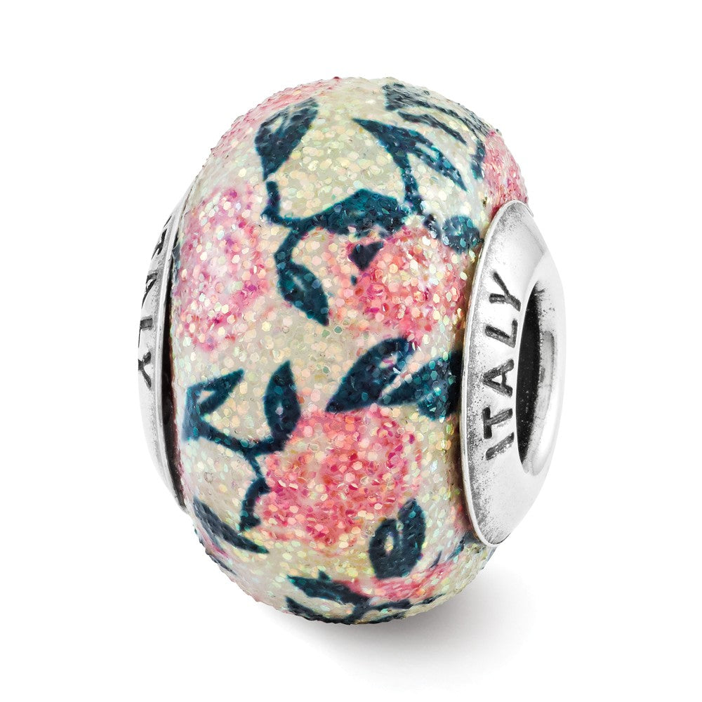 Pink Floral Overlay Italian Glass &amp; Sterling Silver Bead Charm, Item B12431 by The Black Bow Jewelry Co.