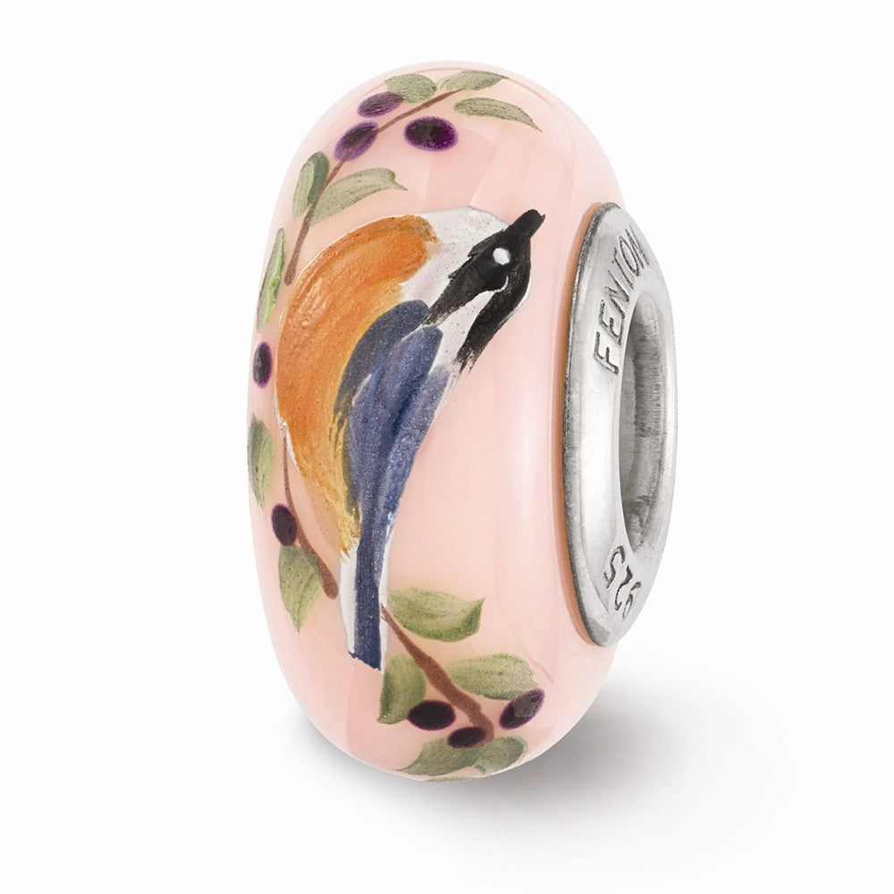 Fenton Pink Hand Painted Nuthatch Glass &amp; Sterling Silver Bead Charm, Item B12495 by The Black Bow Jewelry Co.