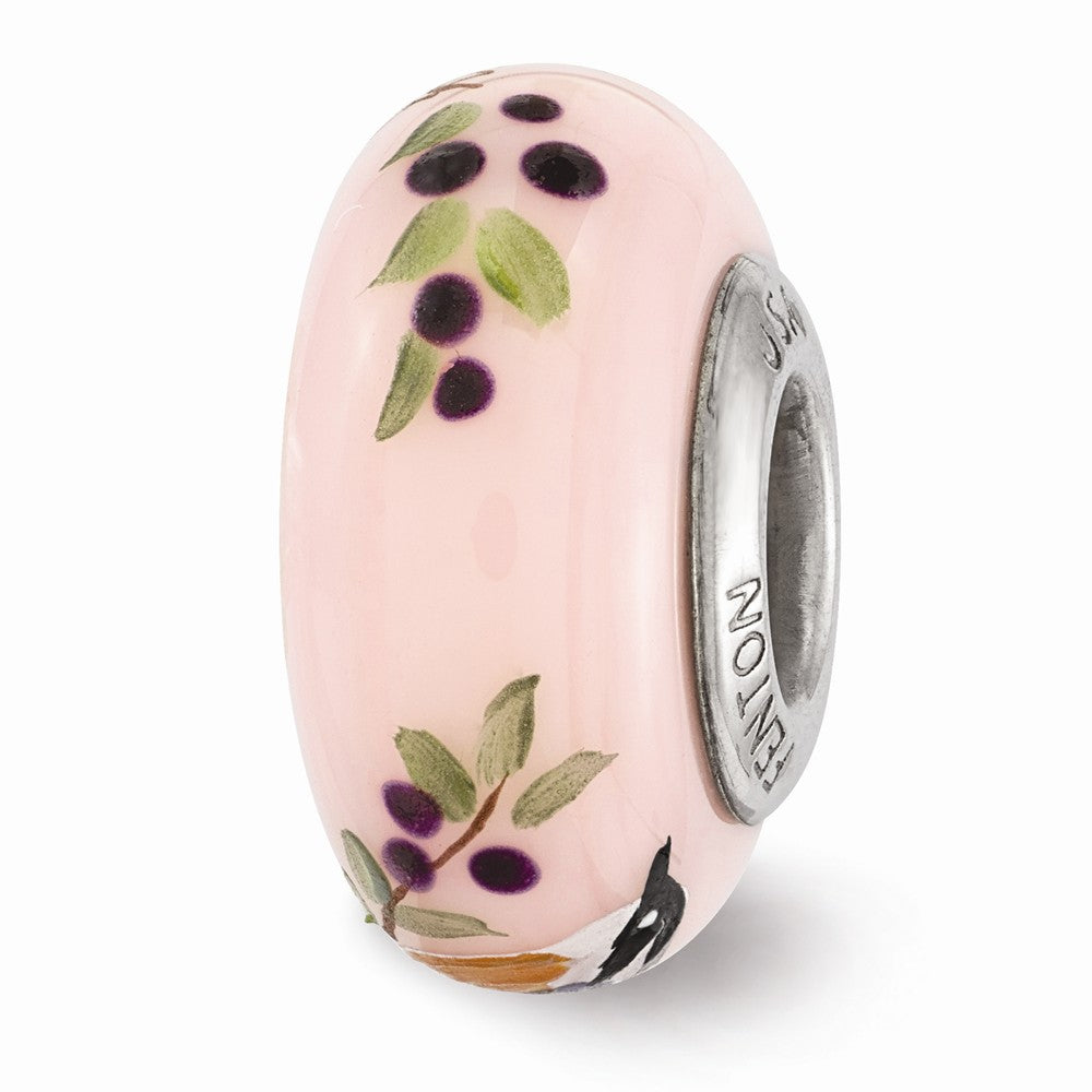 Alternate view of the Fenton Pink Hand Painted Nuthatch Glass &amp; Sterling Silver Bead Charm by The Black Bow Jewelry Co.
