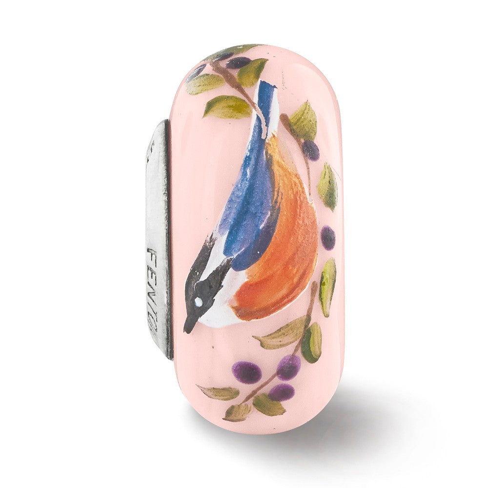 Alternate view of the Fenton Pink Hand Painted Nuthatch Glass &amp; Sterling Silver Bead Charm by The Black Bow Jewelry Co.