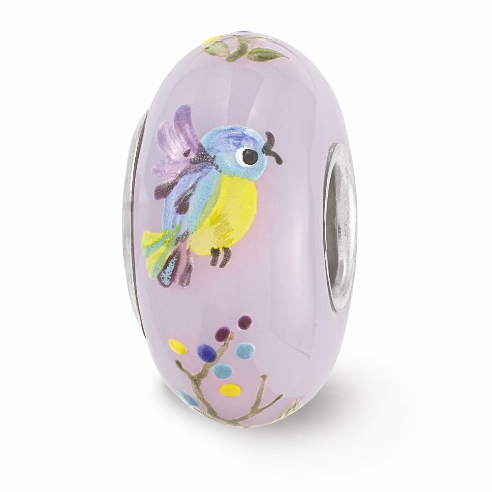 Fenton Lilac TJ Bird Floral Glass &amp; Sterling Silver Bead Charm, Item B12508 by The Black Bow Jewelry Co.