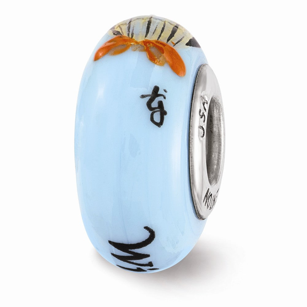 Alternate view of the Fenton Blue Hand Painted Wisdom Owl Glass &amp; Sterling Silver Bead Charm by The Black Bow Jewelry Co.