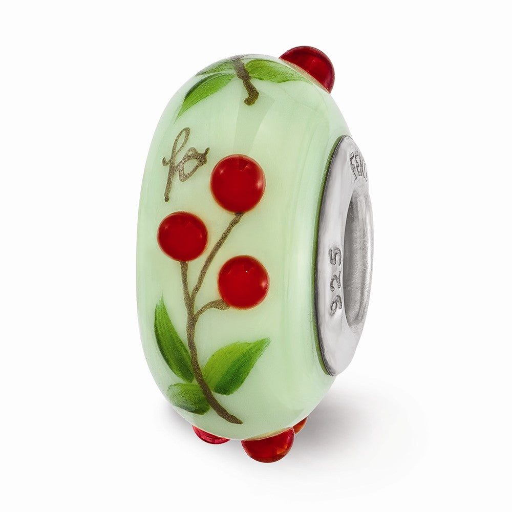Fenton Green Hand Painted Cherries Glass &amp; Sterling Silver Bead Charm, Item B12531 by The Black Bow Jewelry Co.