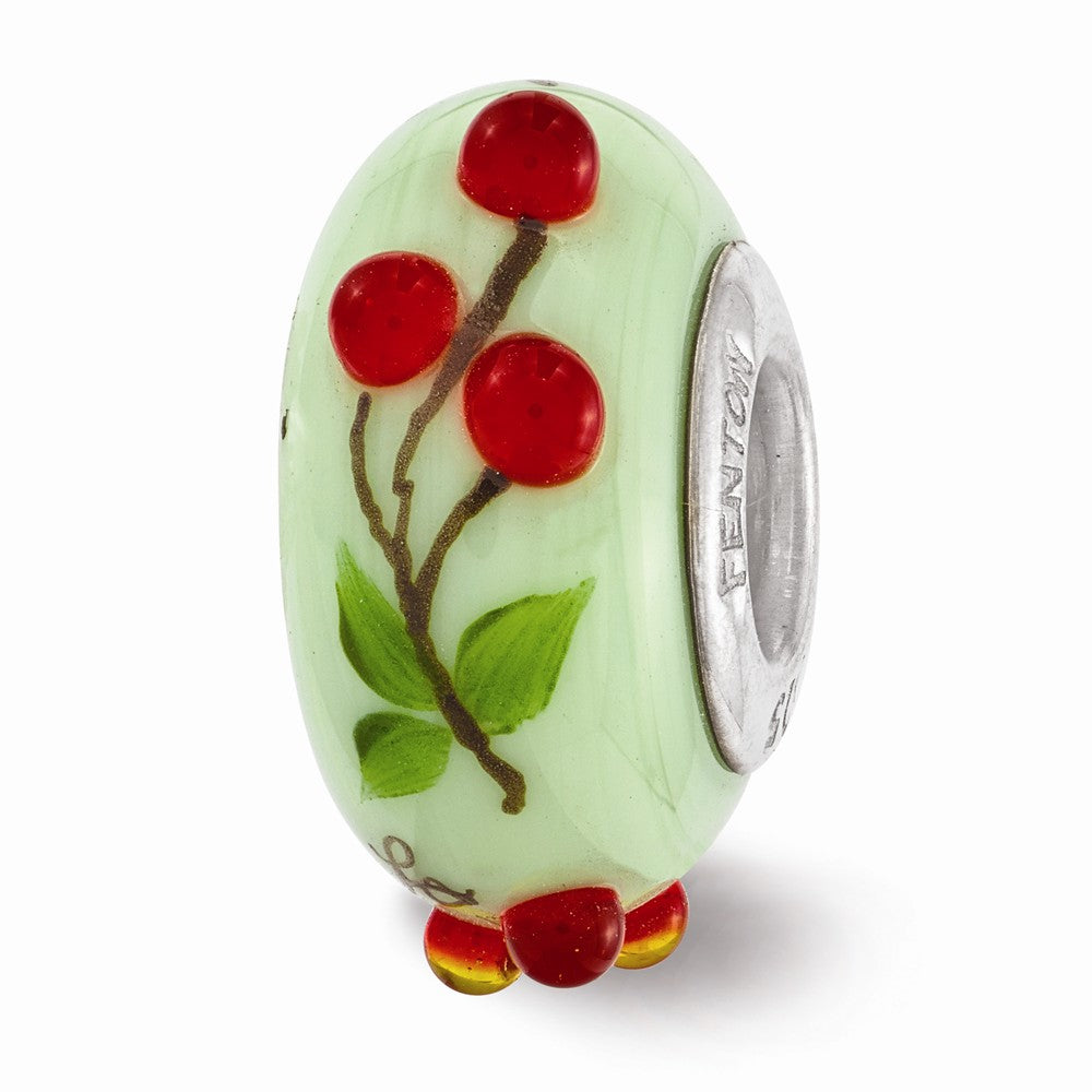 Alternate view of the Fenton Green Hand Painted Cherries Glass &amp; Sterling Silver Bead Charm by The Black Bow Jewelry Co.