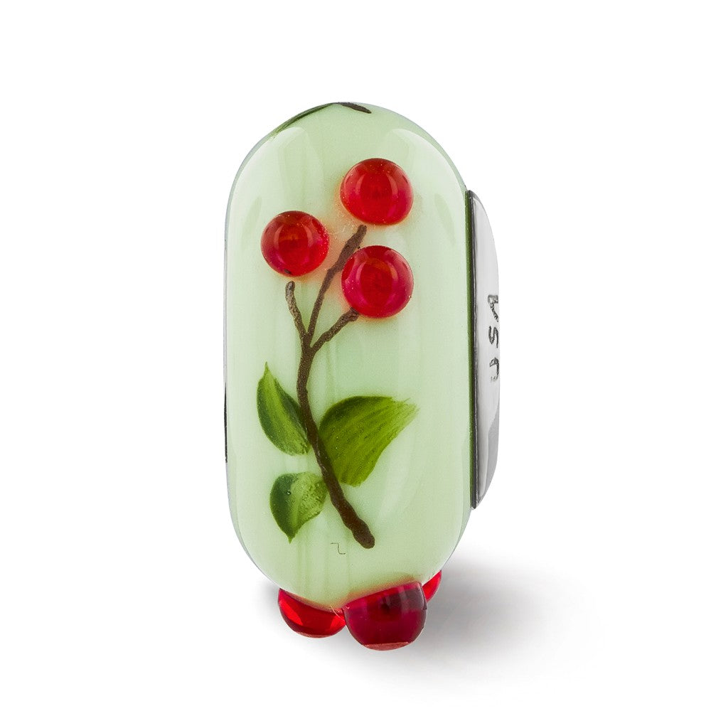 Alternate view of the Fenton Green Hand Painted Cherries Glass &amp; Sterling Silver Bead Charm by The Black Bow Jewelry Co.