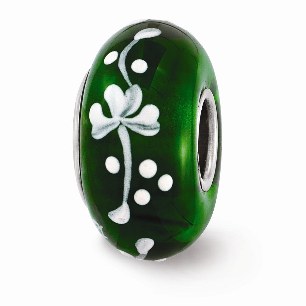 Fenton Green Hand Painted Clover Glass &amp; Sterling Silver Bead Charm, Item B12543 by The Black Bow Jewelry Co.